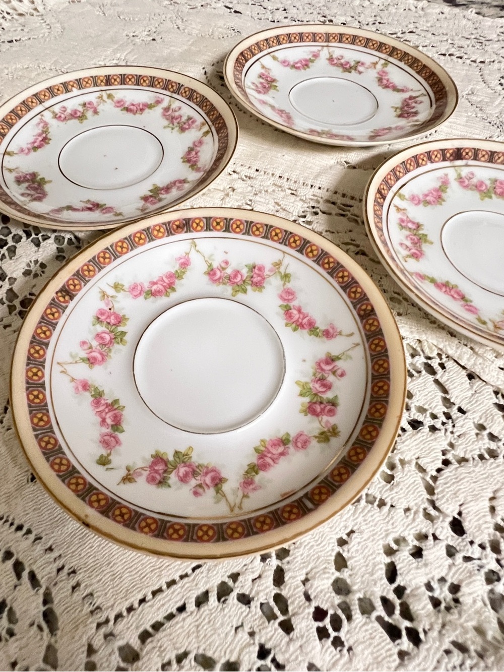 Antique MZ Austria Pink Rose Porcelain Saucers 4.5” Set of 4 No Chips